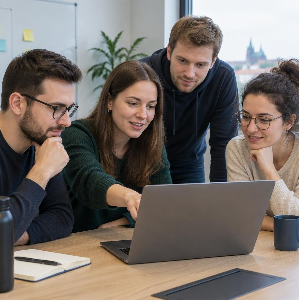 Colleagues reviewing work in a meeting