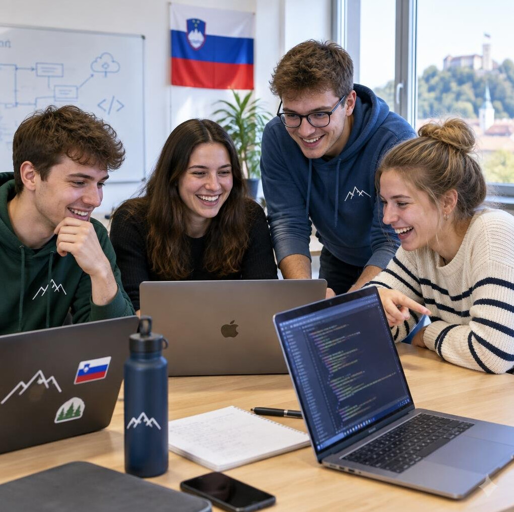 Team working together at a table with laptops