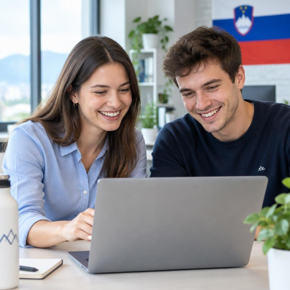 Two colleagues smiling at a laptop in an office